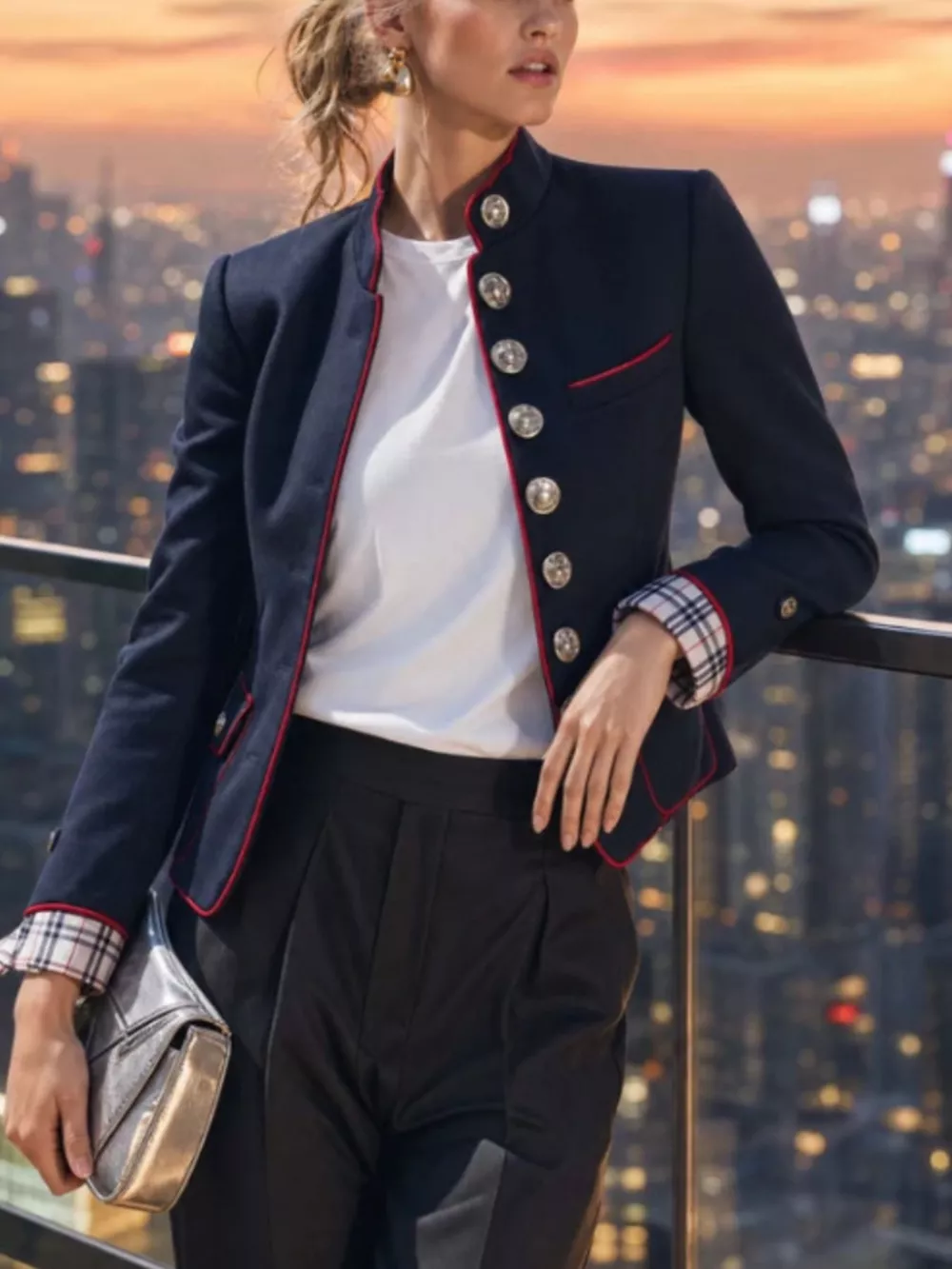 Military-Inspired Stand Collar Jacket with Red Piping, image 3