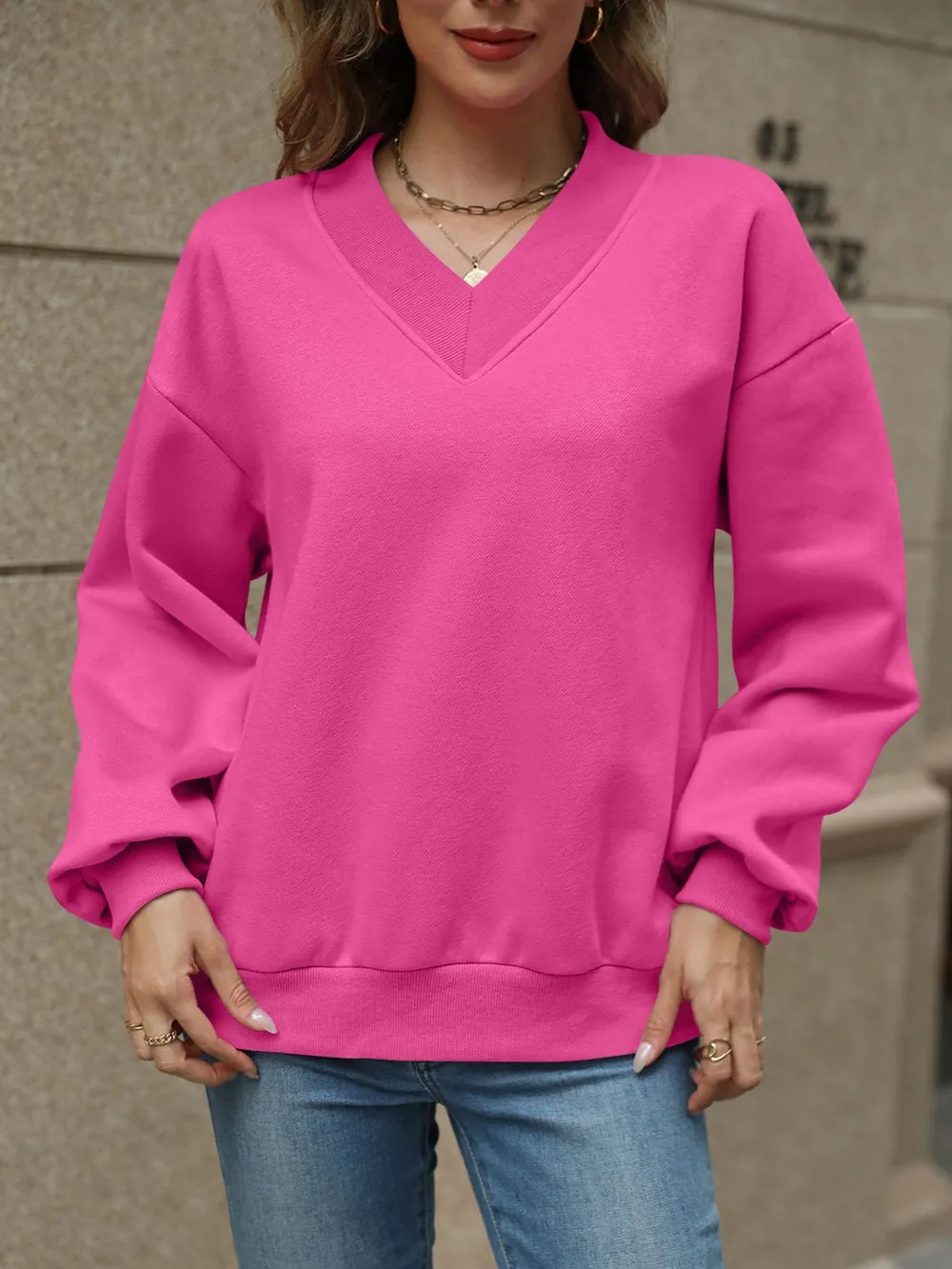 V-Neck Long Sleeve Dropped Shoulder Sweatshirt, image 3
