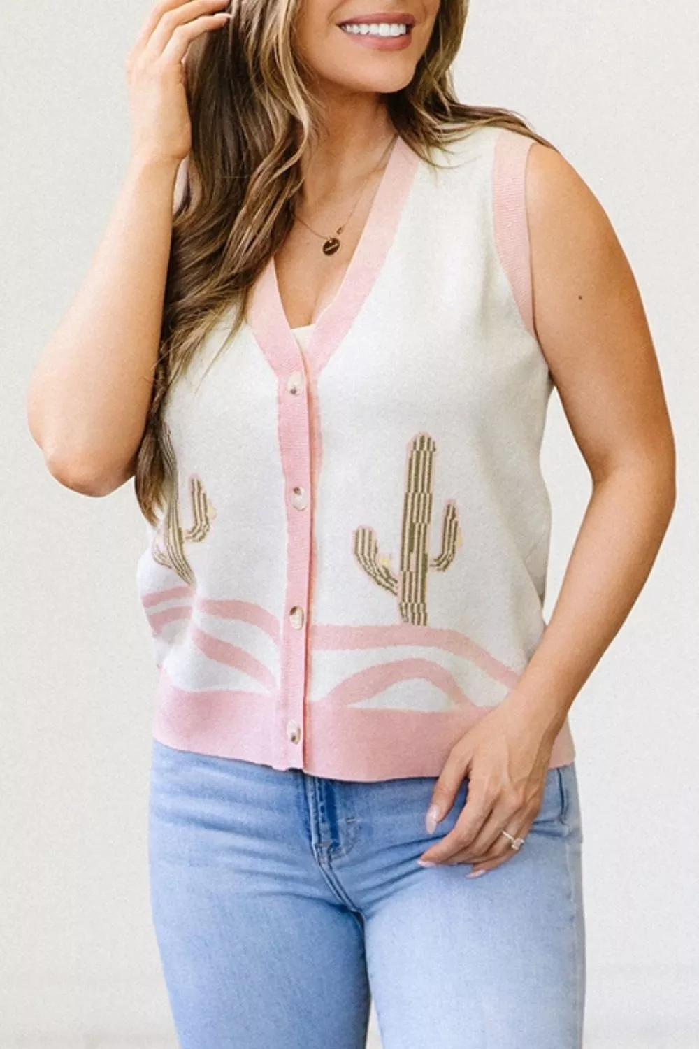 Color Block Trim Button Front Cactus Pattern Western Sweater Vest, image 6