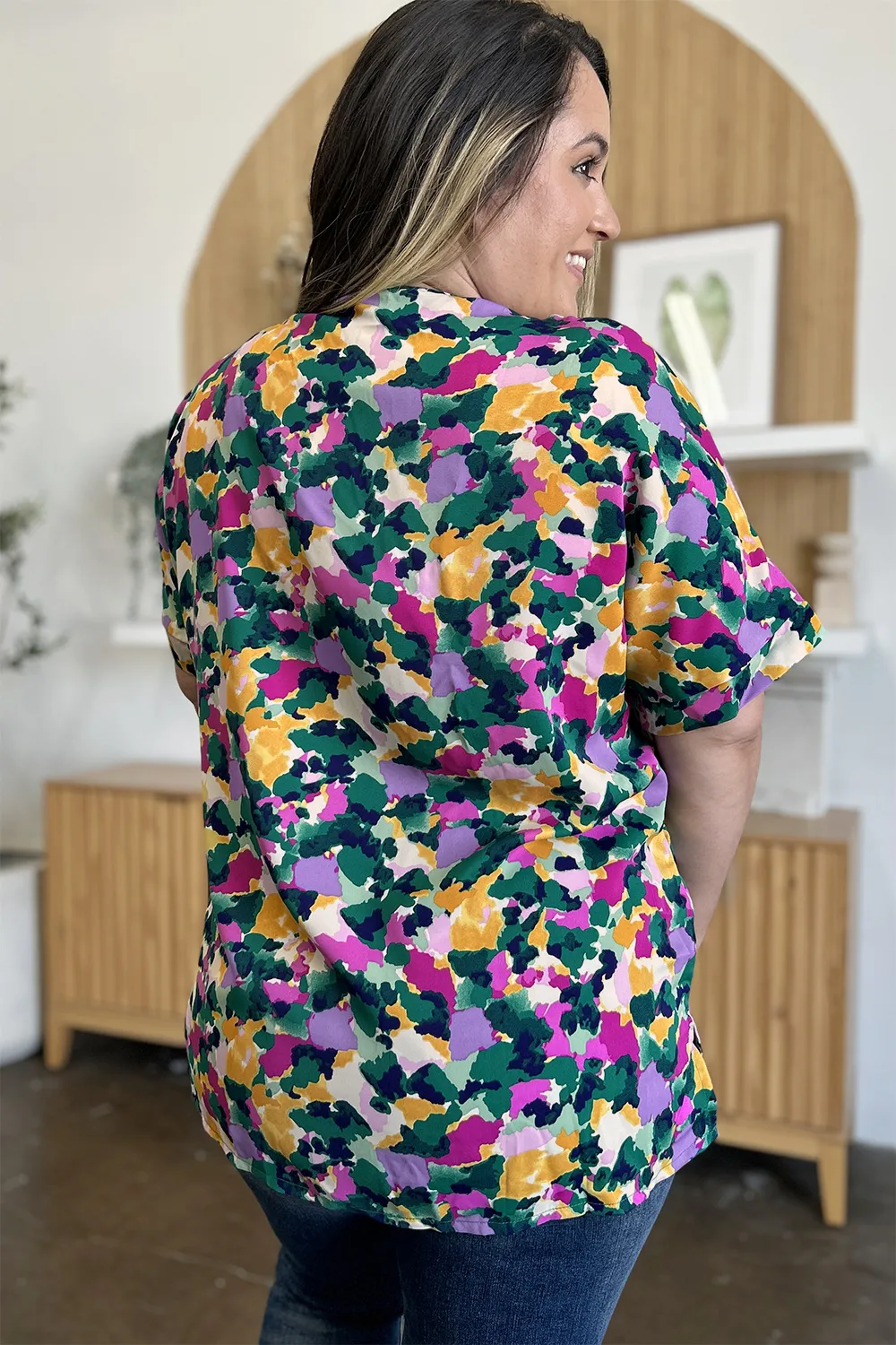 Full Size Printed V-Neck Short Sleeve Side Slit Top, image 11