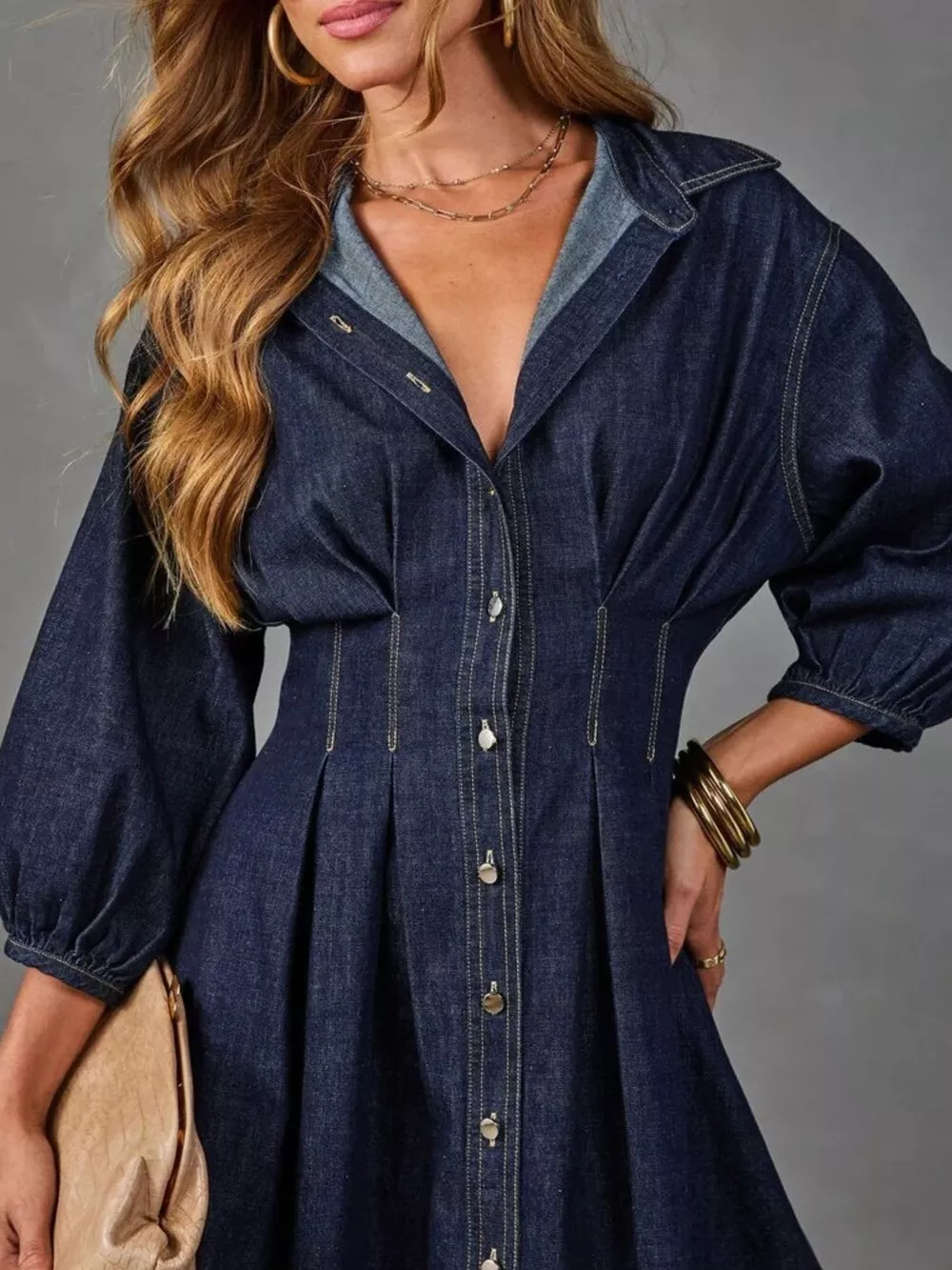 Button Down 3/4 Sleeve Denim Dress, image 3