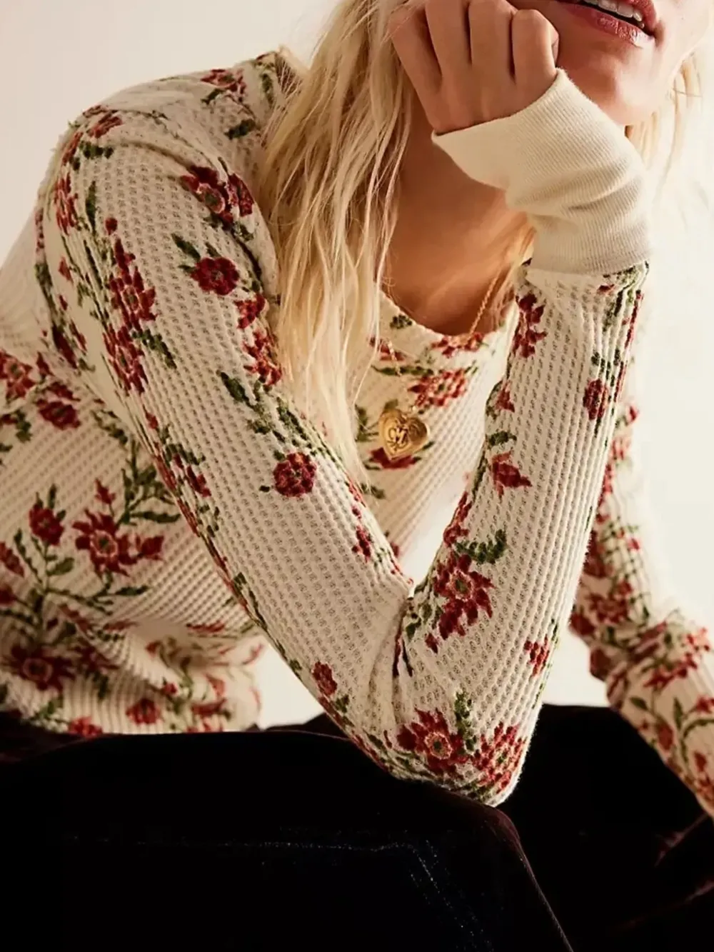 Floral Print Waffle Knit Top, image 6