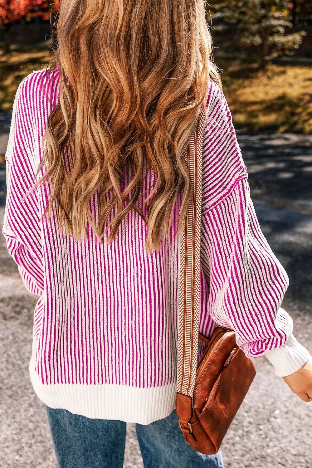 Striped Textured Knit Contrast Edge Loose Sweater, image 4