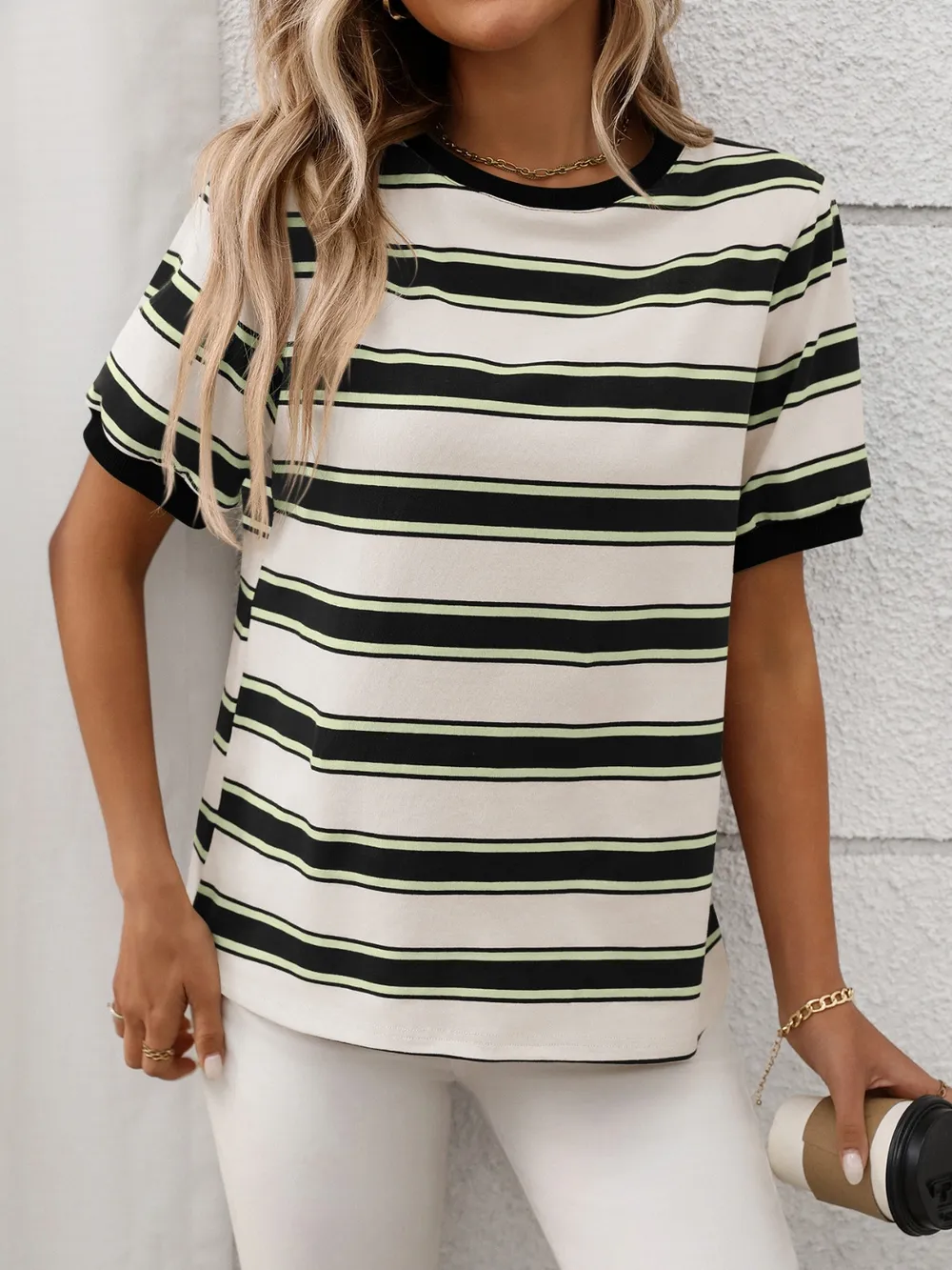 Contrast Striped Round Neck Short Sleeve T-Shirt, image 3