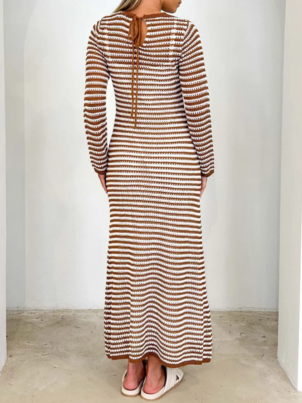 Tied Round Neck Striped Sweater Dress