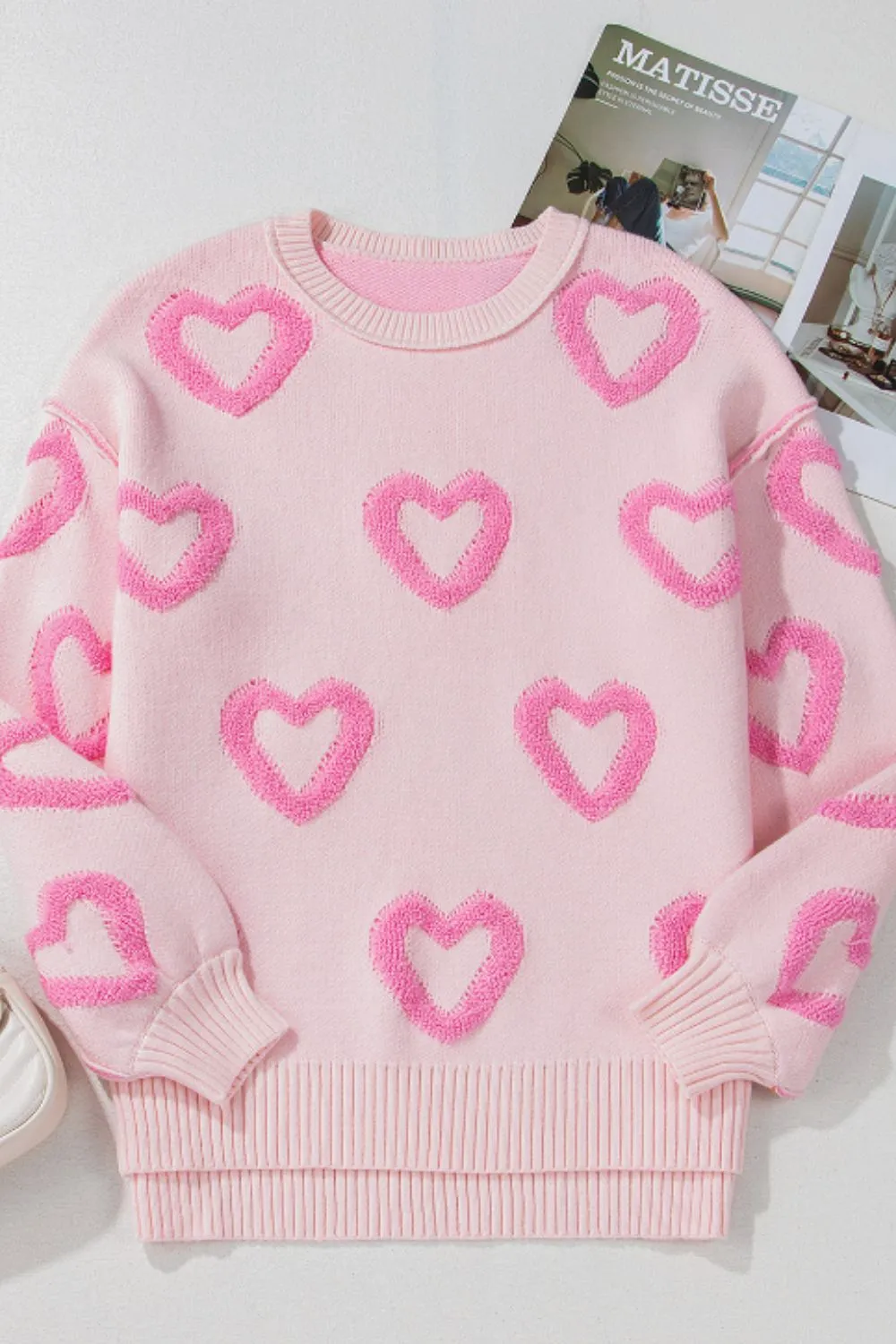 High-Low Heart Round Neck Long Sleeve Sweater, image 5