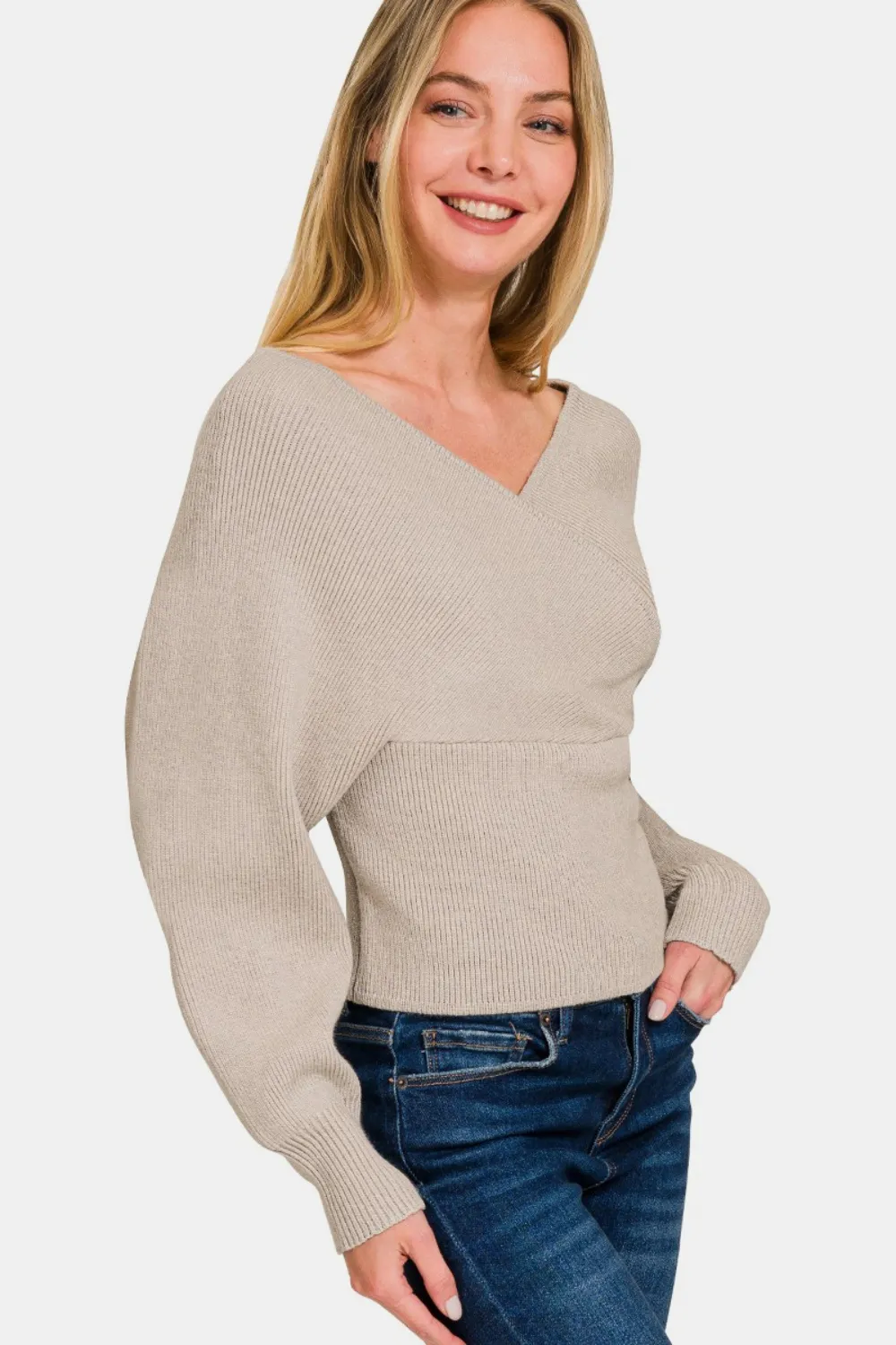 Cross Wrap Rib Long Sleeve Sweater, image 3