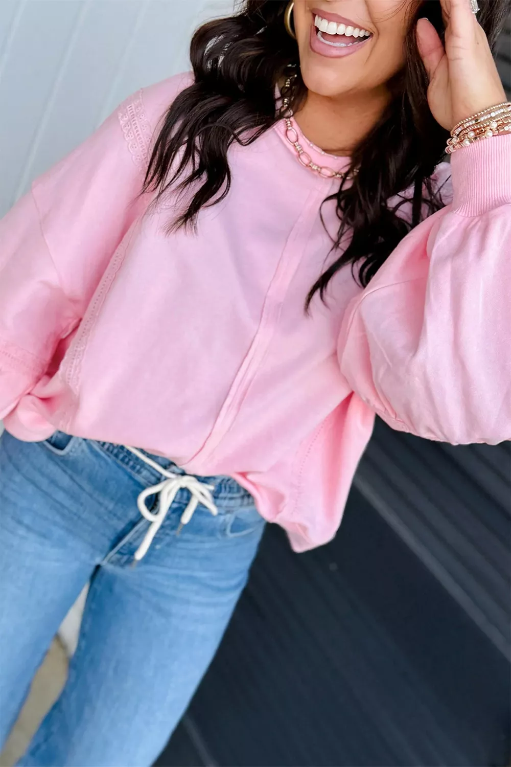 Solid Color Raw Seam Lace Detail Loose Casual Sweatshirt, image 2
