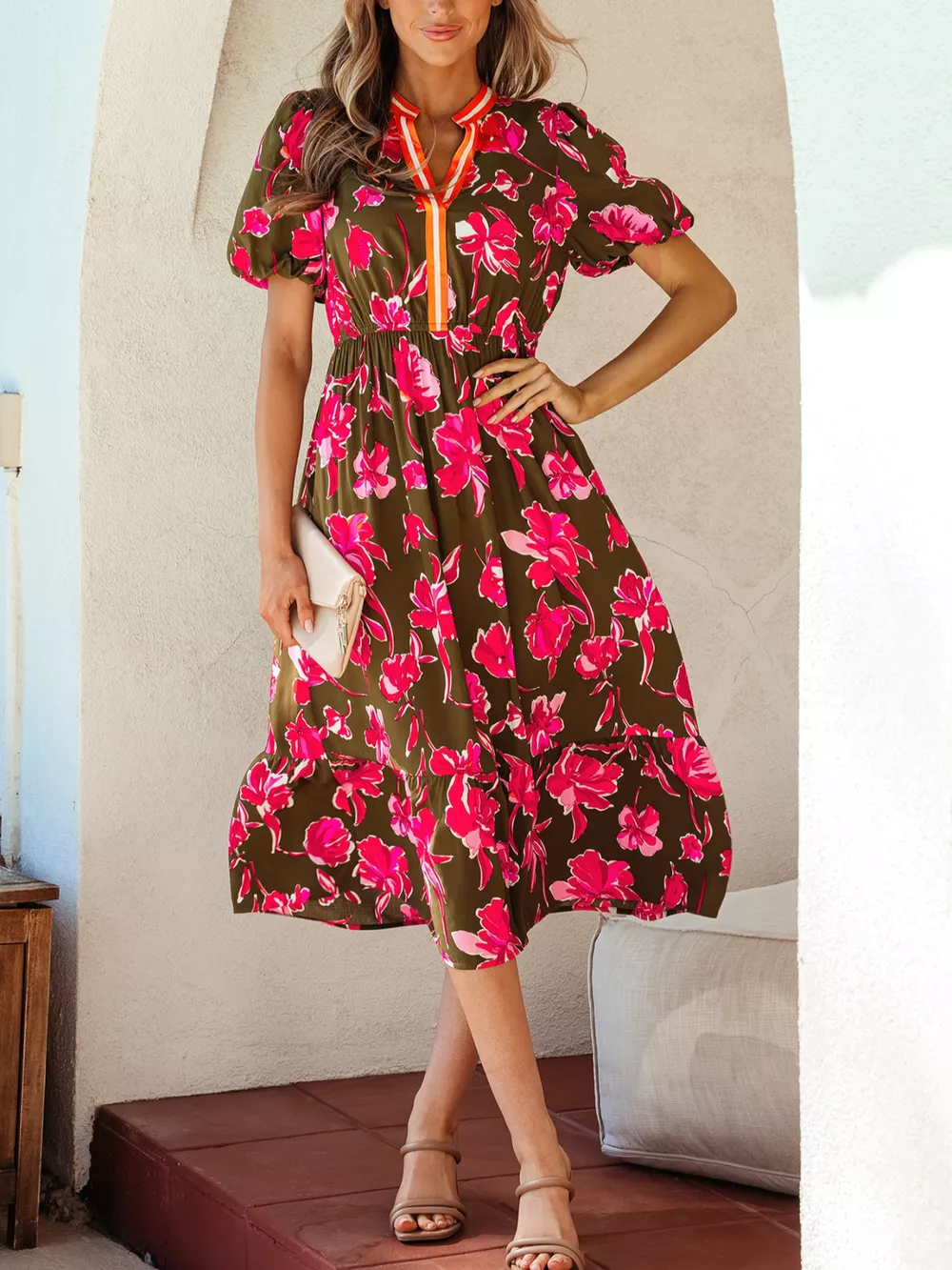 Floral Print Split Neck Short Puff Sleeve Ruffle Hem Dress, image 2