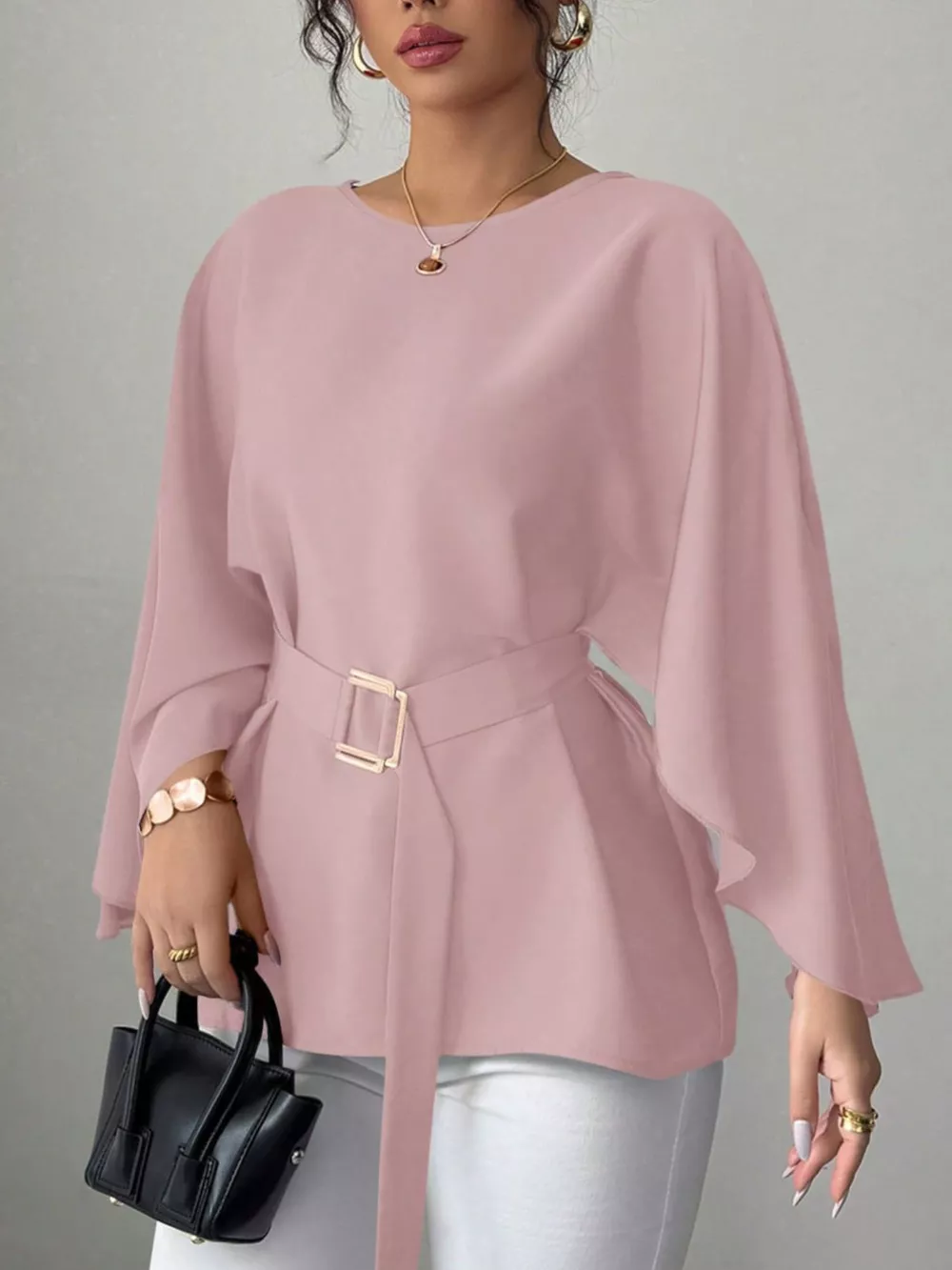 Round Neck Belt Batwing Sleeve Blouse, image 8