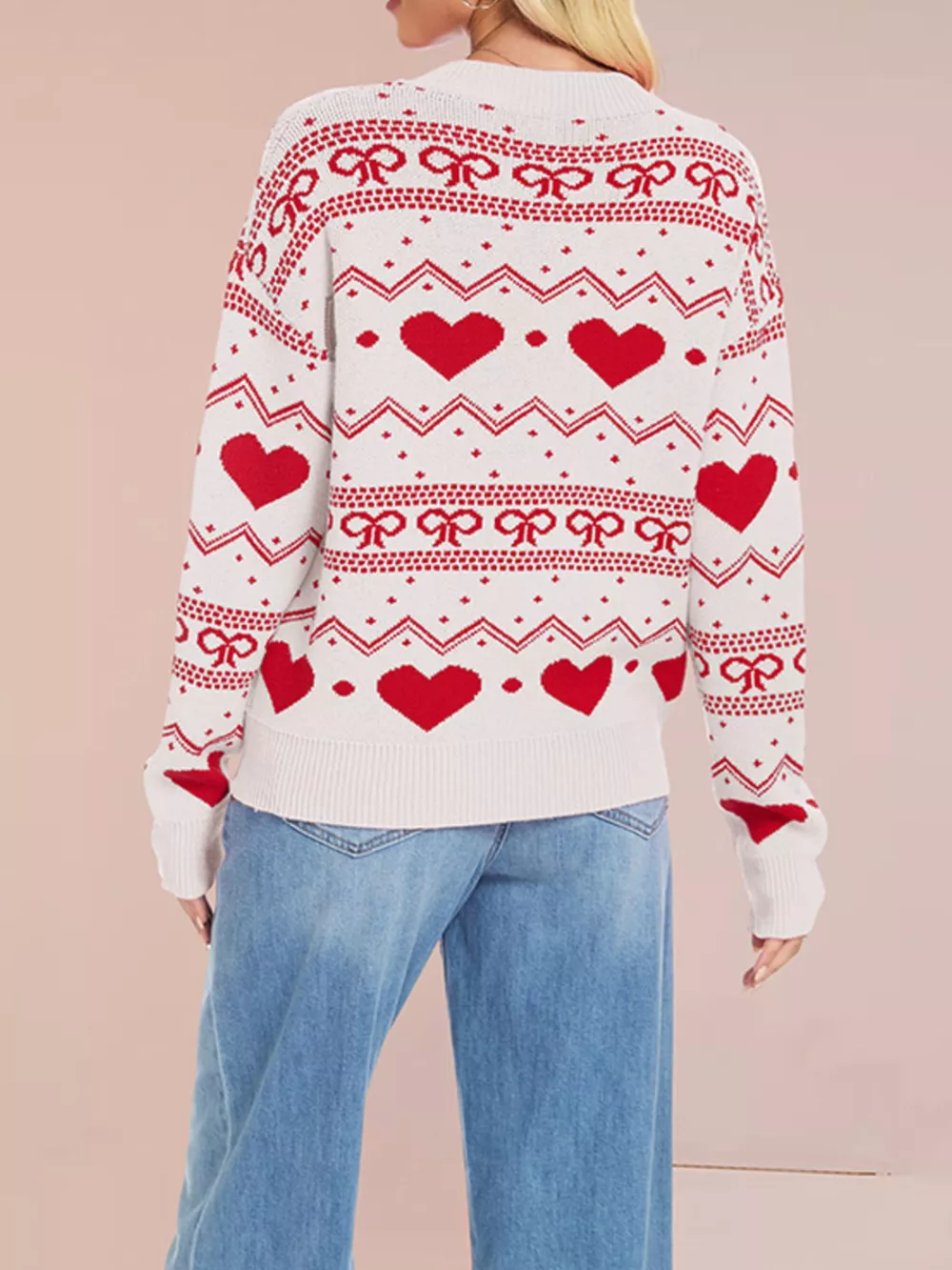 Heart Pattern Dropped Shoulder Sweater, image 9