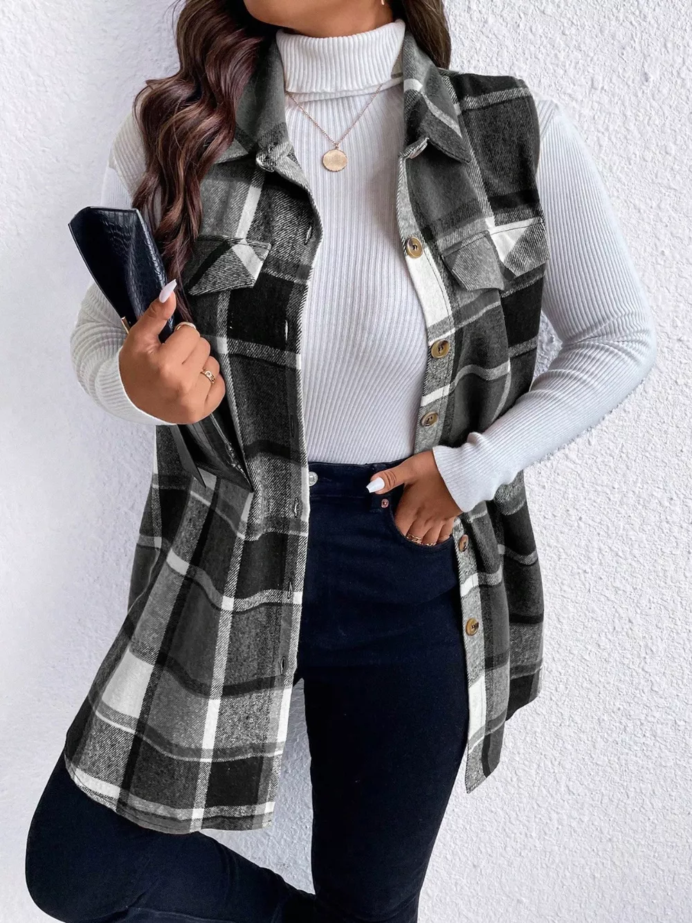Plus Size Pocketed Plaid Button Up Vest Coat, image 6