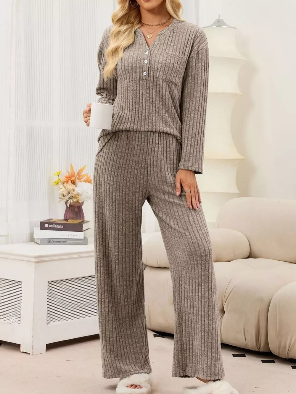 Ribbed Knit Top and Wide-Leg Pants Set, image 14