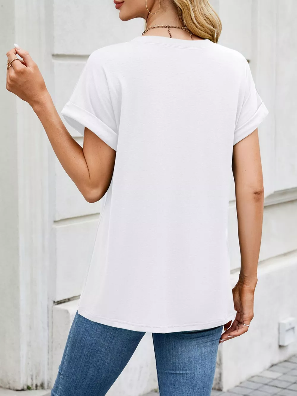 Casual Rolled Sleeve Solid Color T-Shirt, image 11