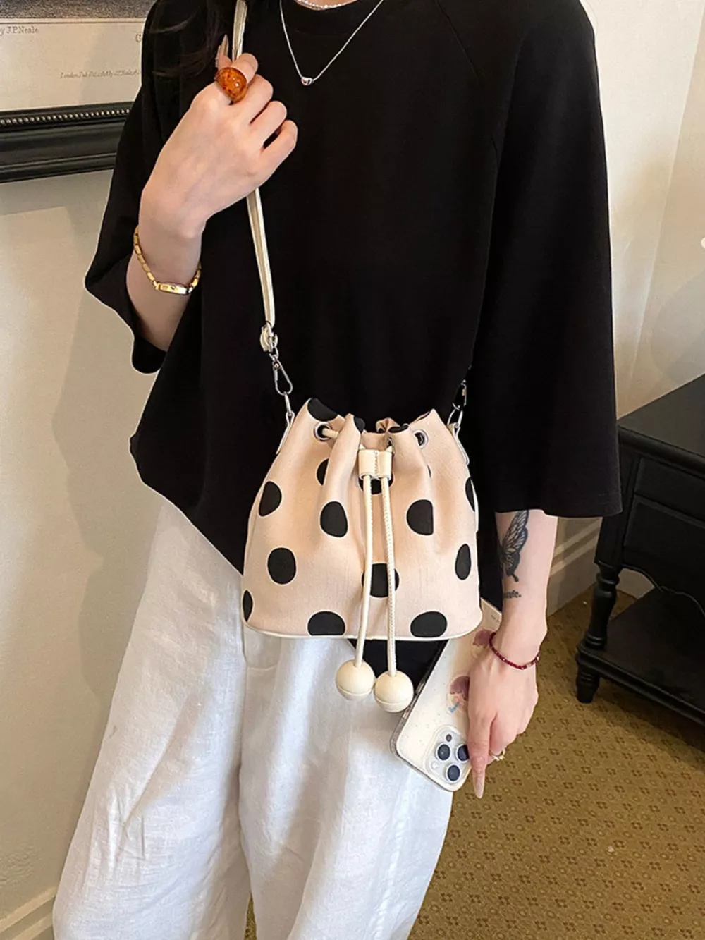 Polka Dot Drawstring Bucket Crossbody Bag, image 8