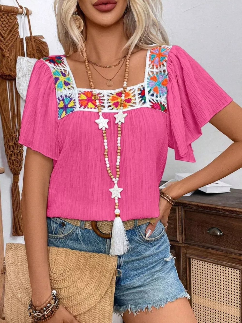 Embroidered Square Neck Flutter Sleeve Blouse, image 20