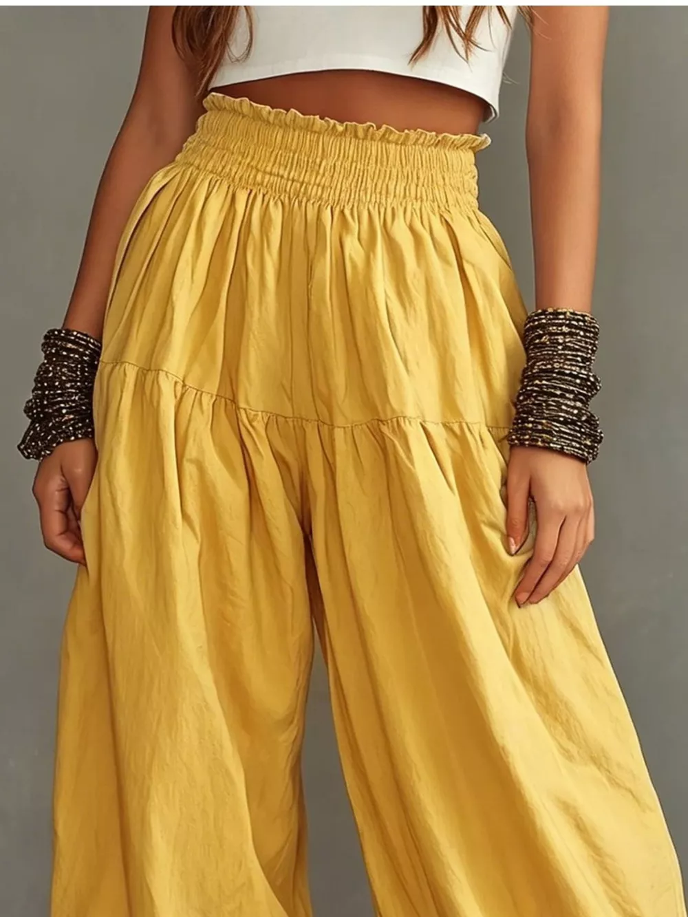 Full Size Smocked Ruffle Hem Wide Leg Pants Plus Size, image 9