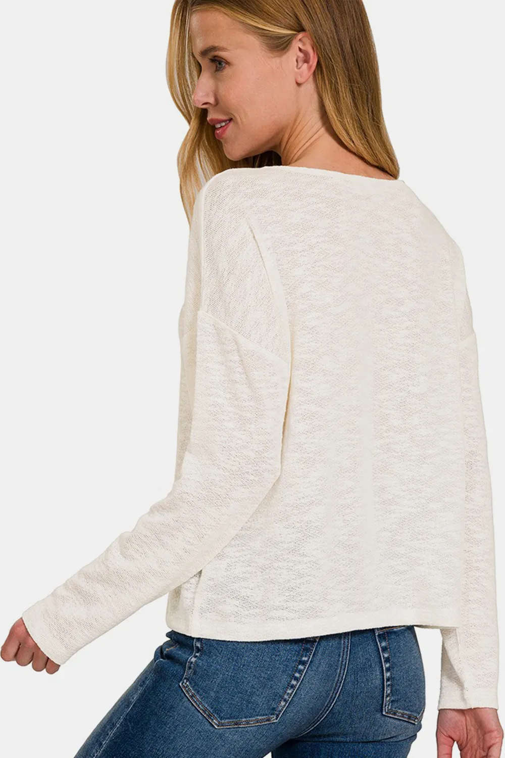 V-Neck Dropped Shoulder Long Sleeve T-Shirt, image 2