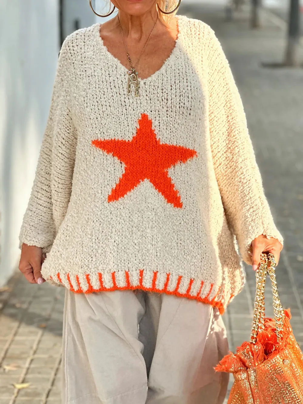 Star V-Neck Long Sleeve Oversize Sweater, image 2