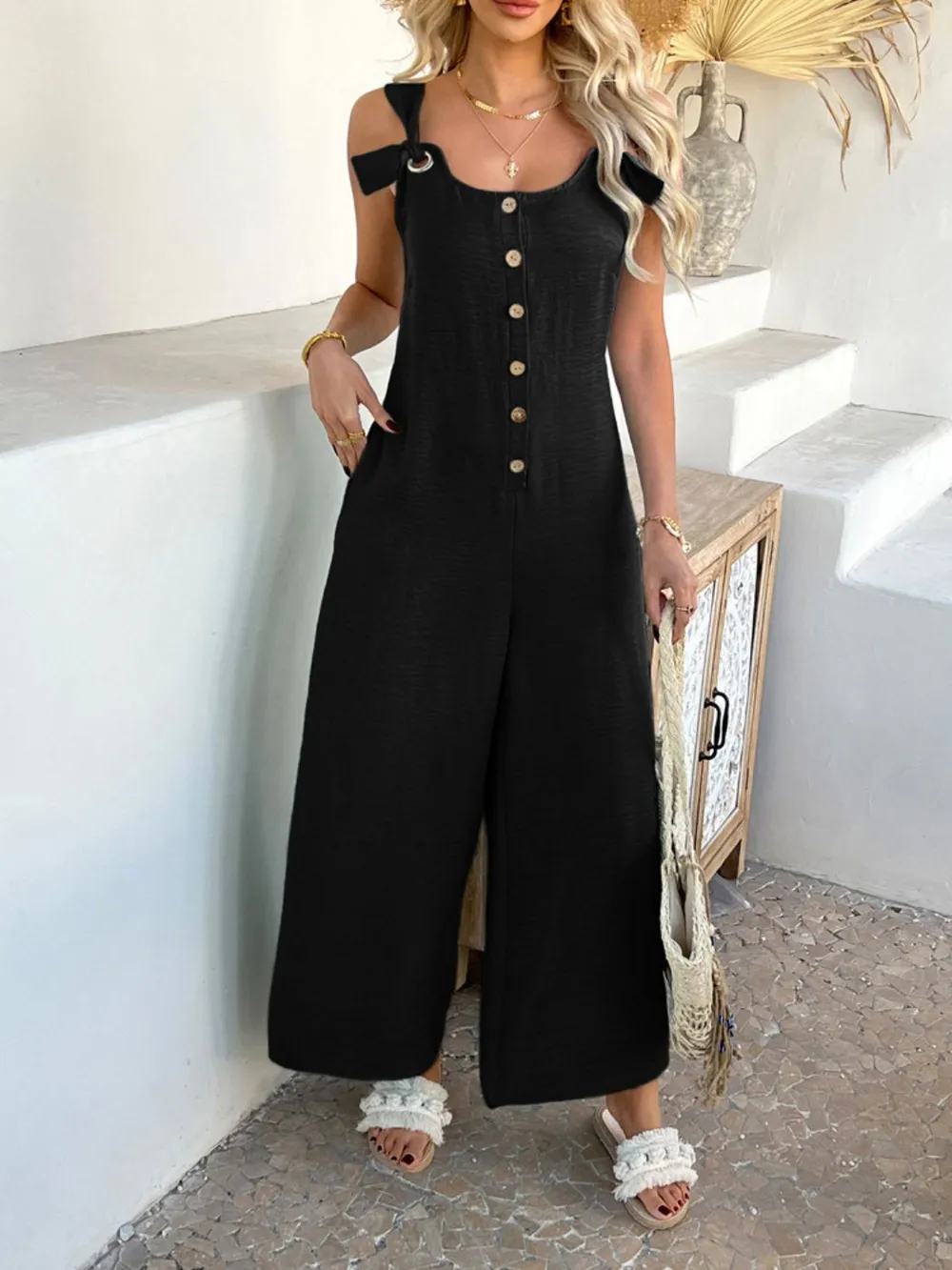 Button Front Knotted Strap Wide Leg Jumpsuit, image 16