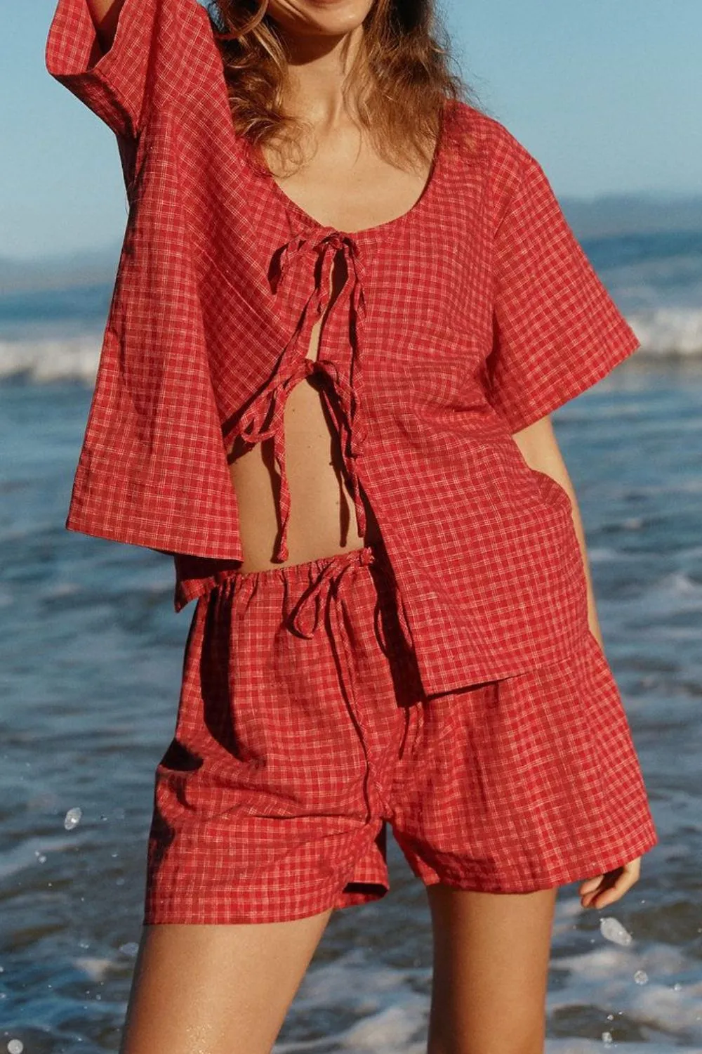 Plaid Tied Scoop Neck Short Sleeve Top and Drawstring Shorts Set, image 4