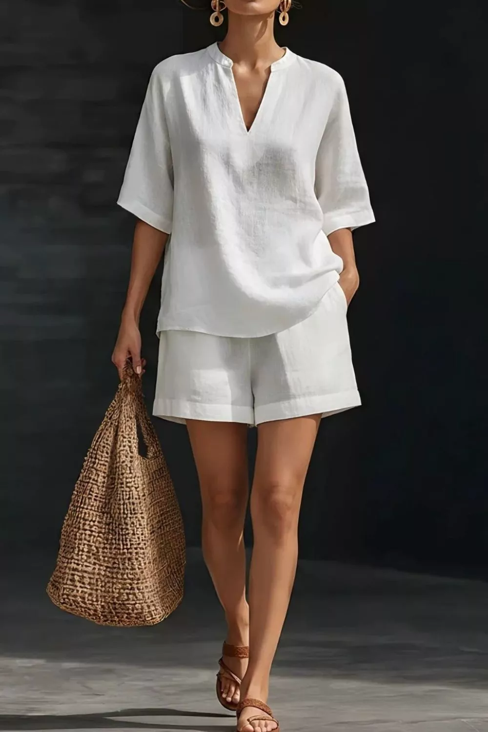 Notched Half Sleeve Top and Shorts Set, image 5