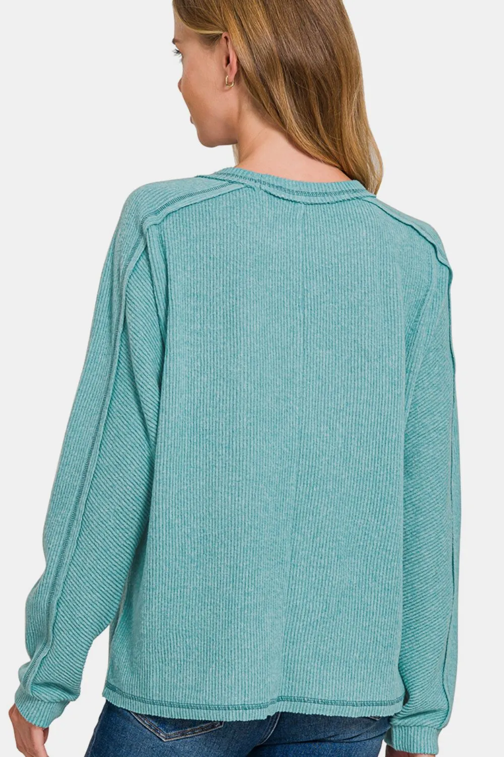 Full Size Contrast Stitching Brushed Ribbed Hacci Knit Top Plu Size, image 2