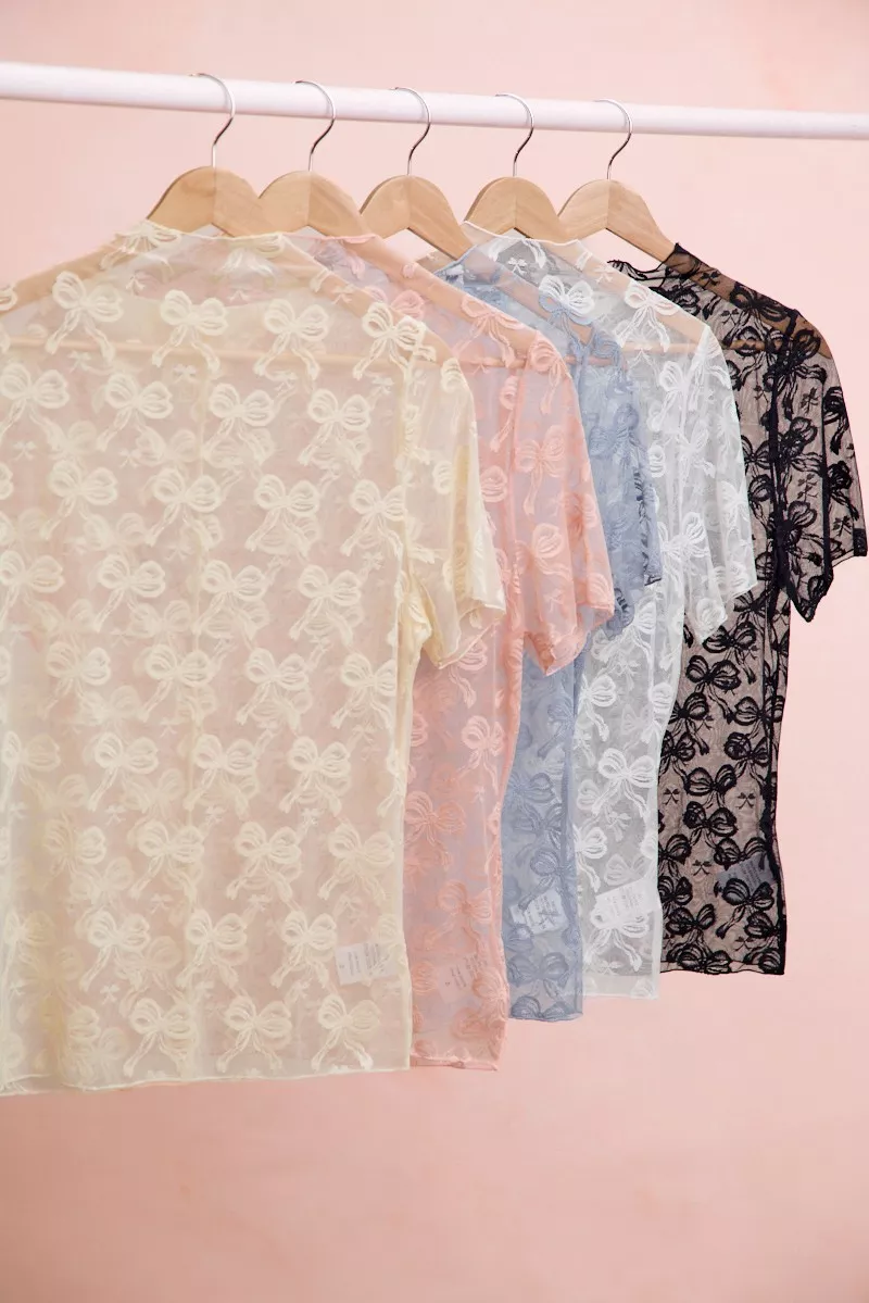 High Neckline Short Sleeves Bow Pattern Mesh Top, image 13