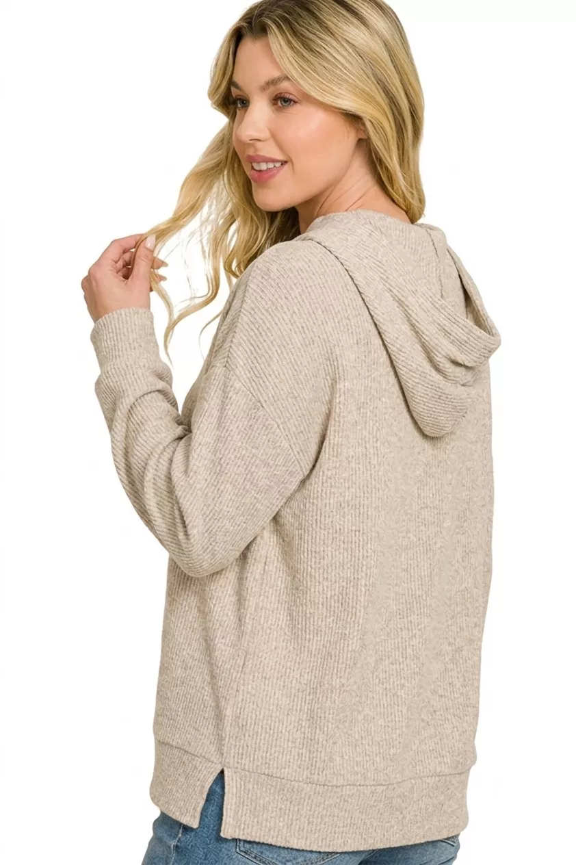 Zenana Brushed Ribbed Hacci Hoodie Pullover, image 3
