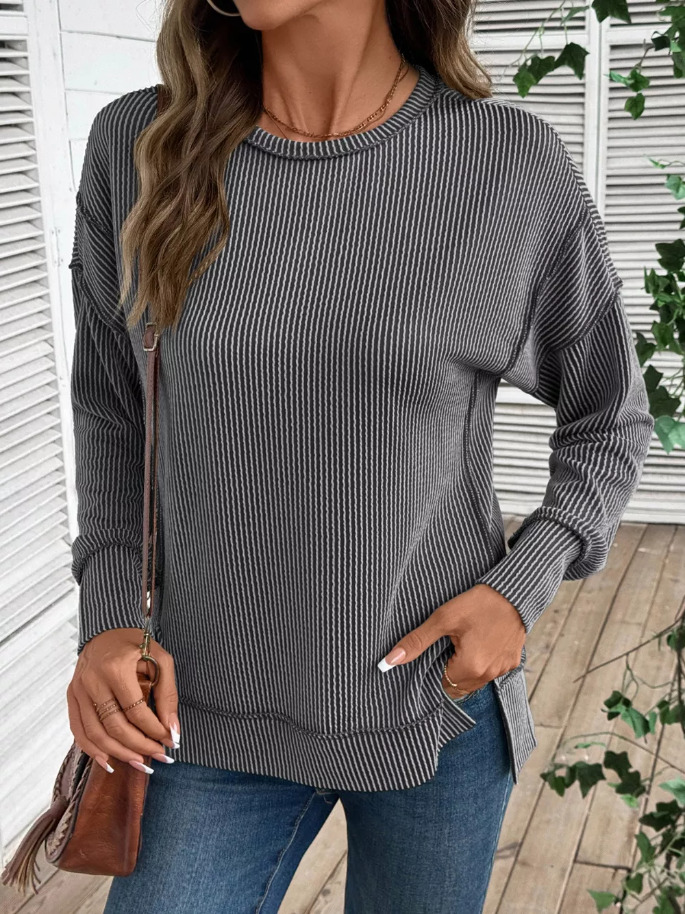 Side Slit Round Neck Sweatshirt, image 6