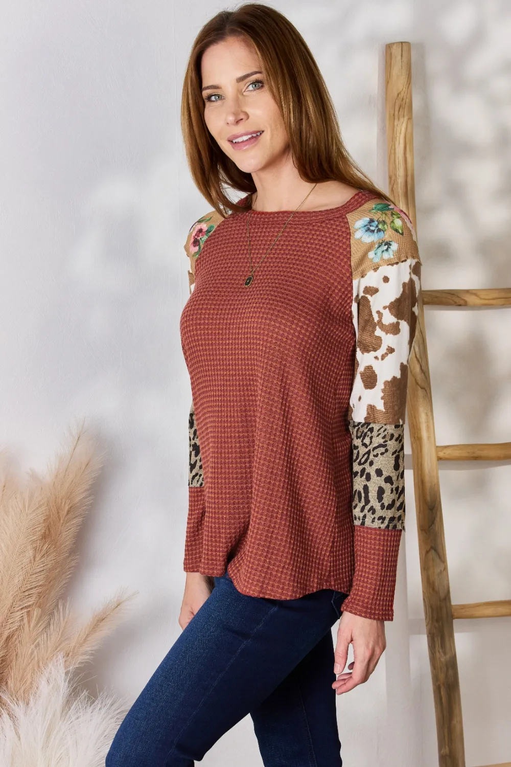 Full Size Leopard Waffle-Knit Blouse, image 9