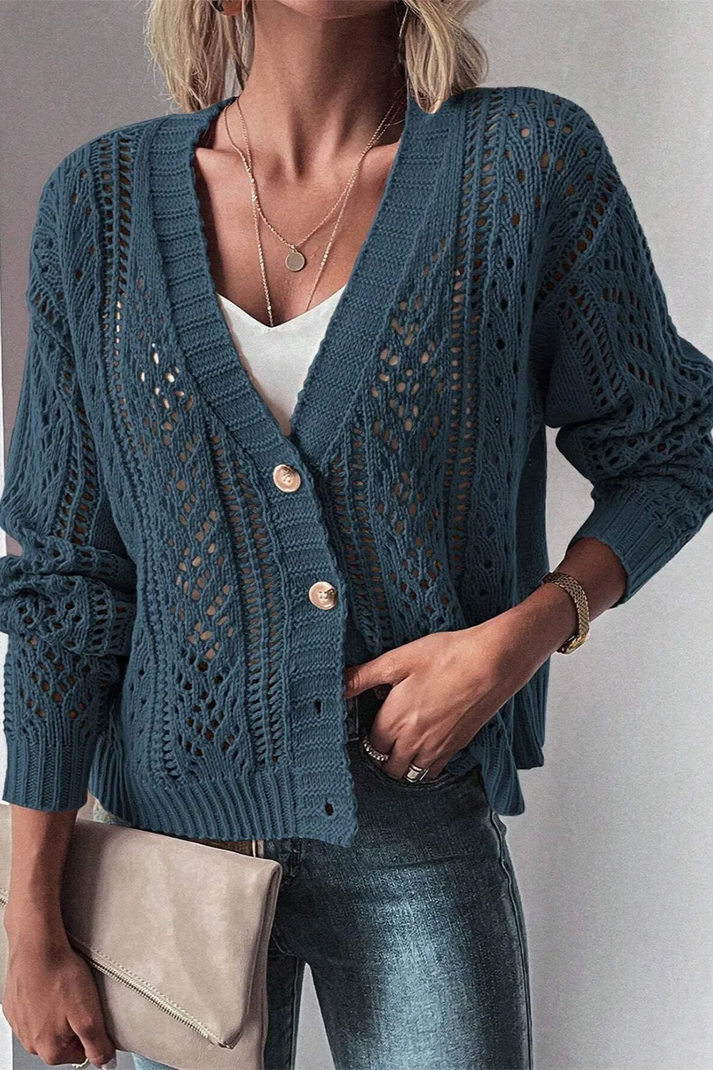 Openwork Button Up Long Sleeve Cardigan, image 4