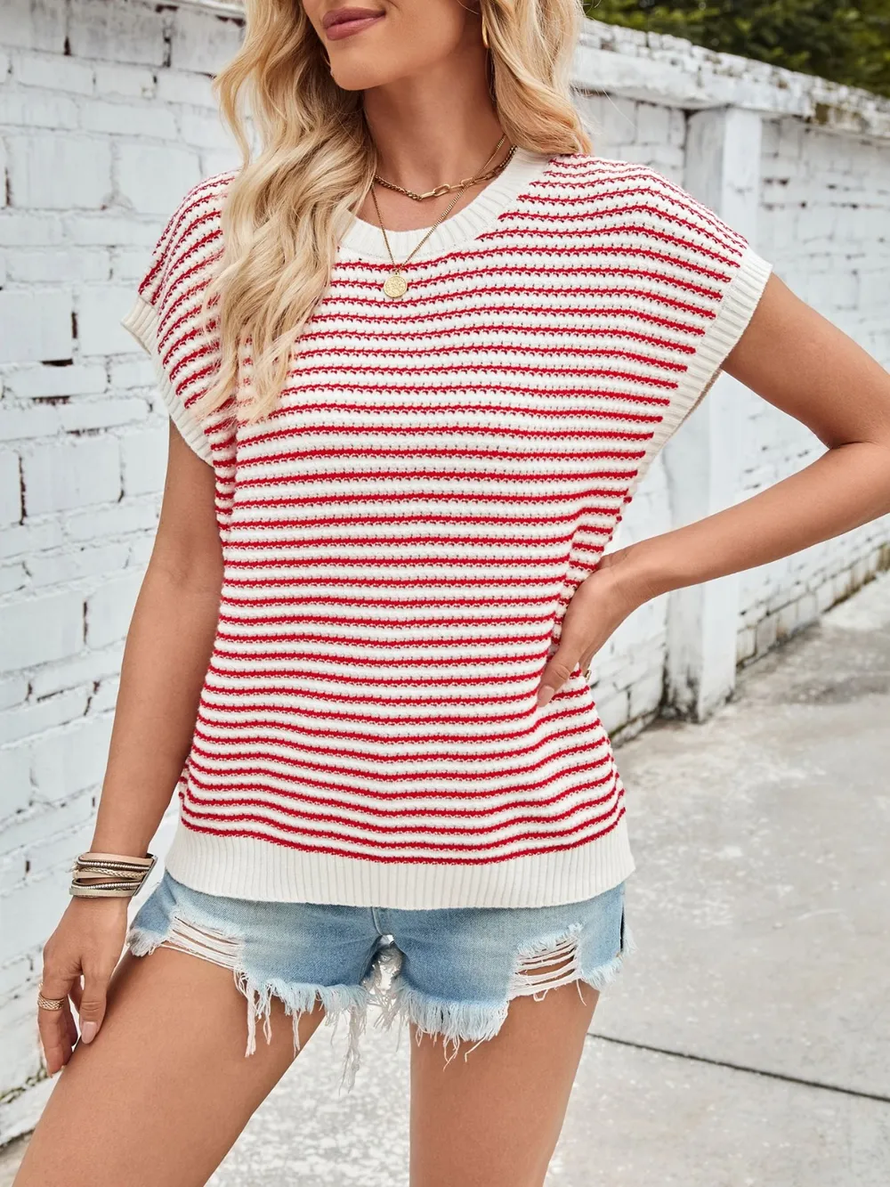 Striped Round Neck Cap Sleeve Sweater, image 20