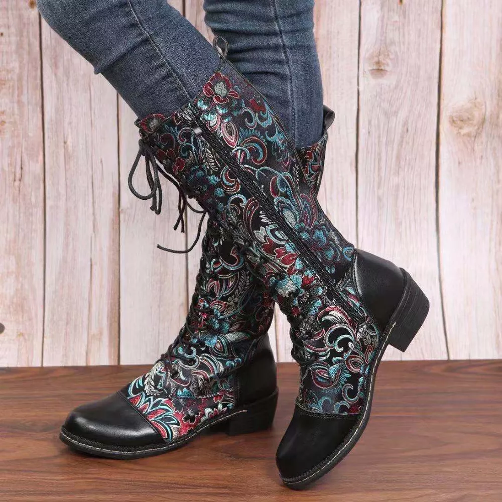 Embroidered Lace-Up Block Heel Boots, image 5