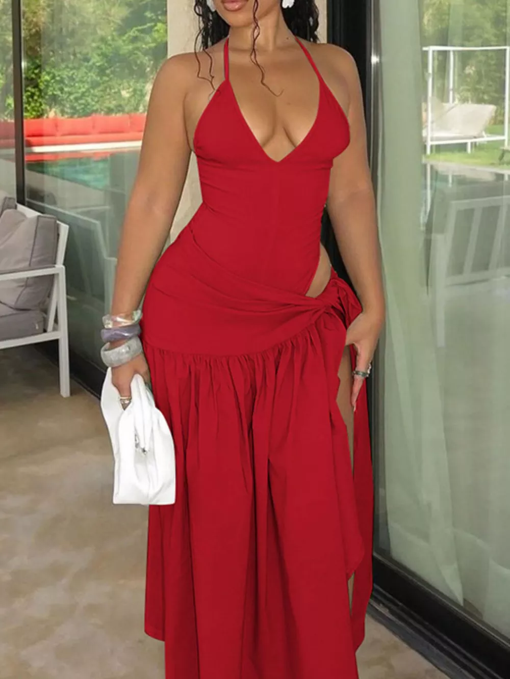 Halter Neck Ruched Bodysuit and Maxi Skirt Set, image 24