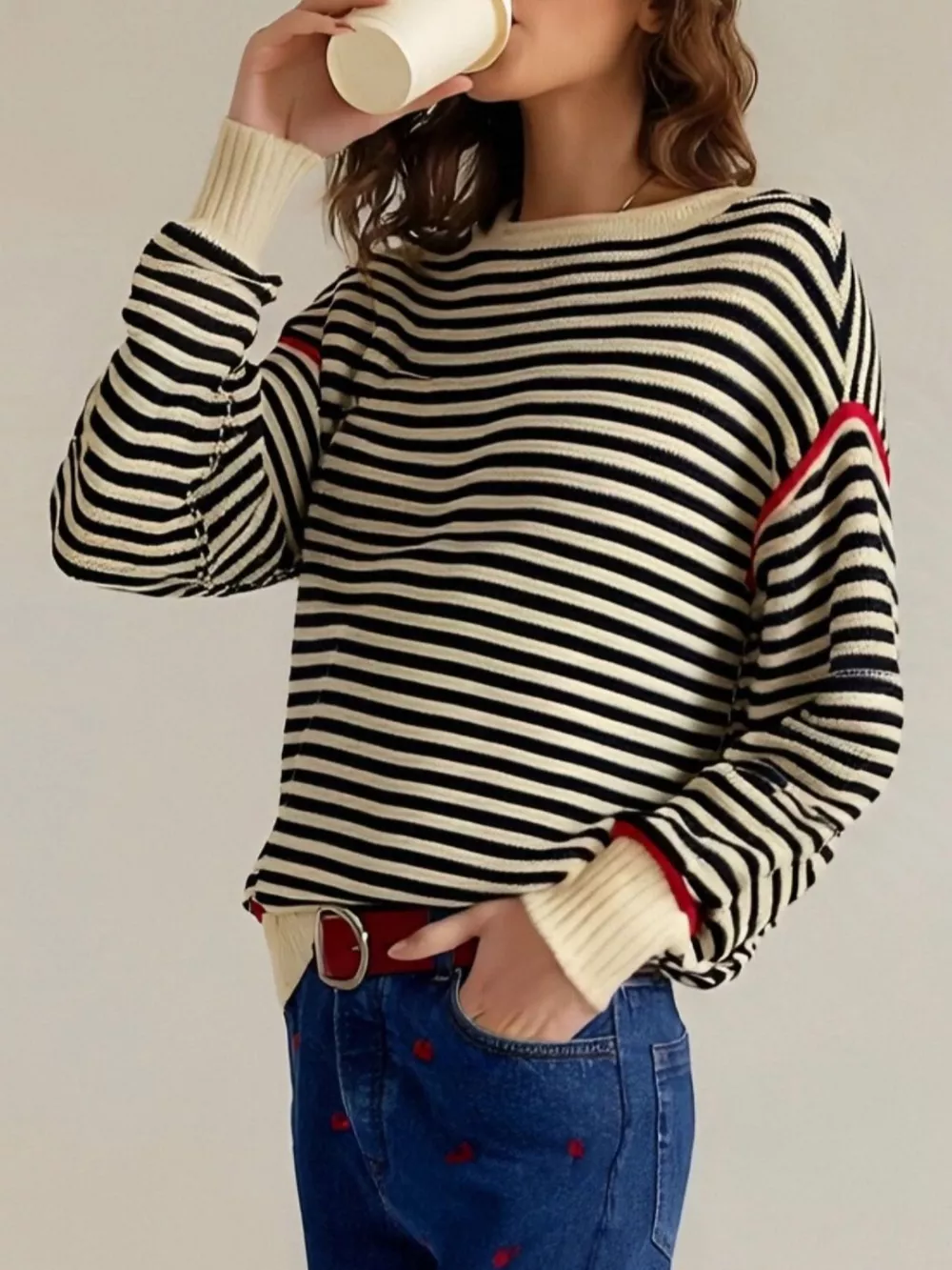 Striped Round Neck Long Sleeve Sweater, image 6