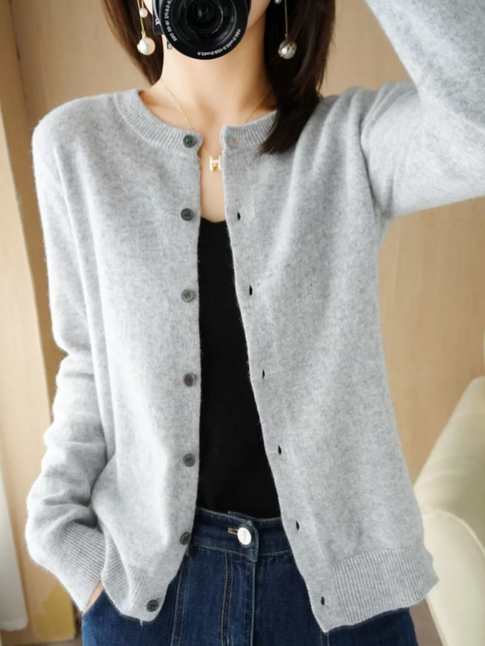 Classic Crew Neck Knit Cardigan, image 2