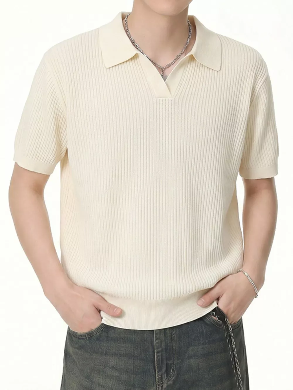 Men's Ribbed Knit Polo Collar Top