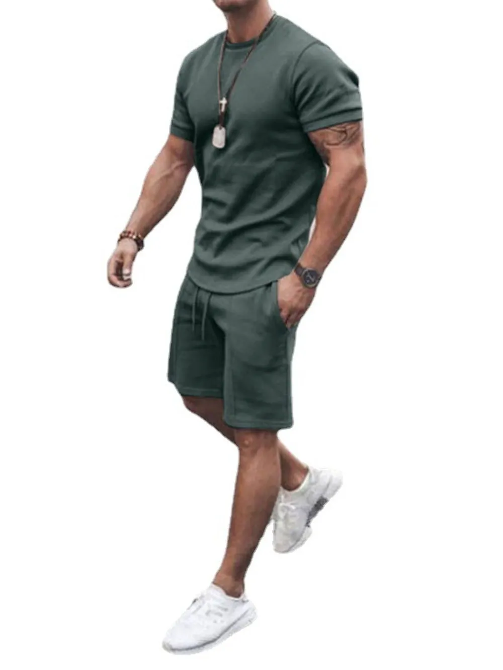Men's Plus Size Round Neck Short Sleeve Top and Shorts Set, image 3