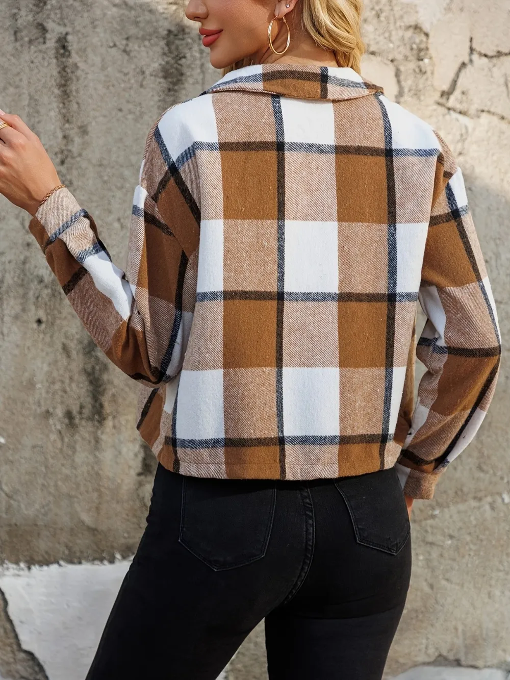 Plaid Collared Neck Cropped Jacket, image 3