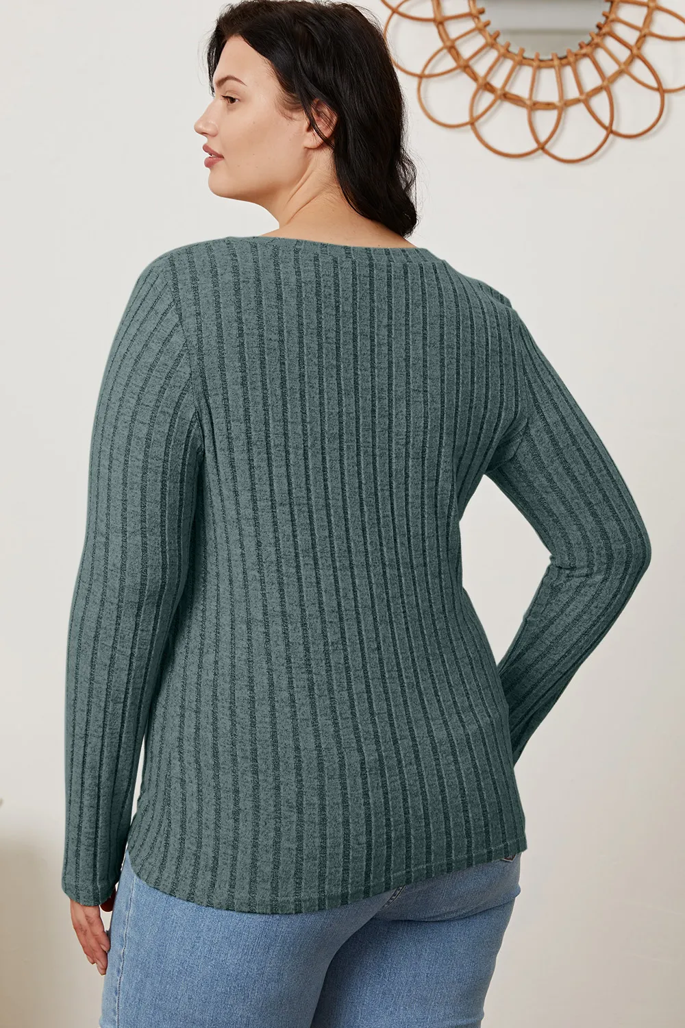 Full Size Ribbed V-Neck Long Sleeve T-Shirt, image 9