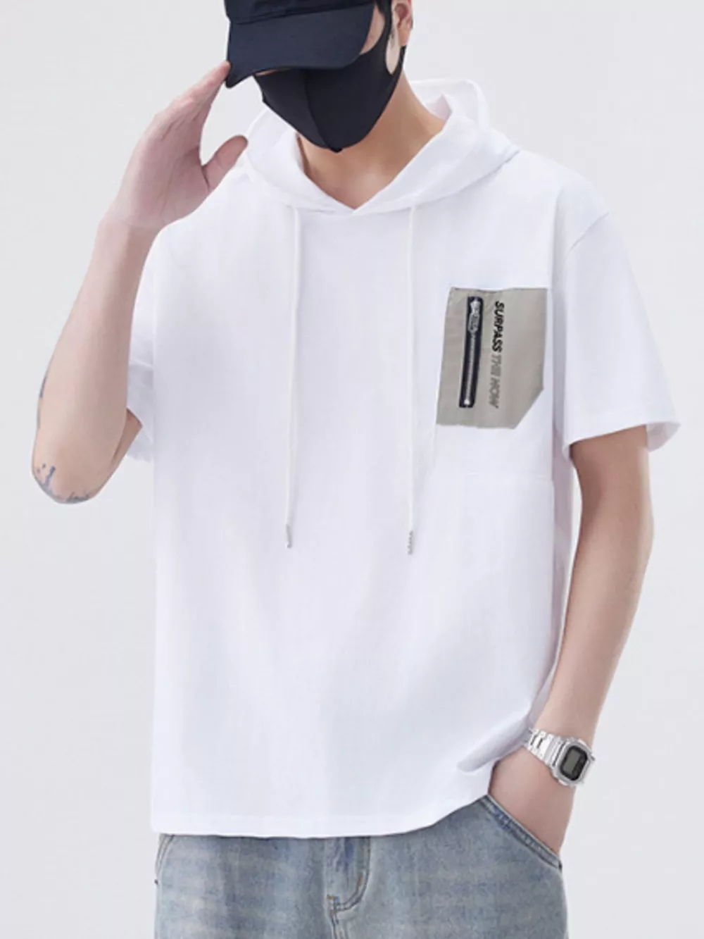 Men's Plus Size Drawstring Short Sleeve Hooded Top, image 8