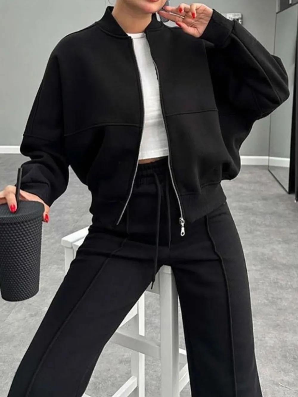 Baseball Collar Zip Up Outerwear and Drawstring Pants Set, image 9