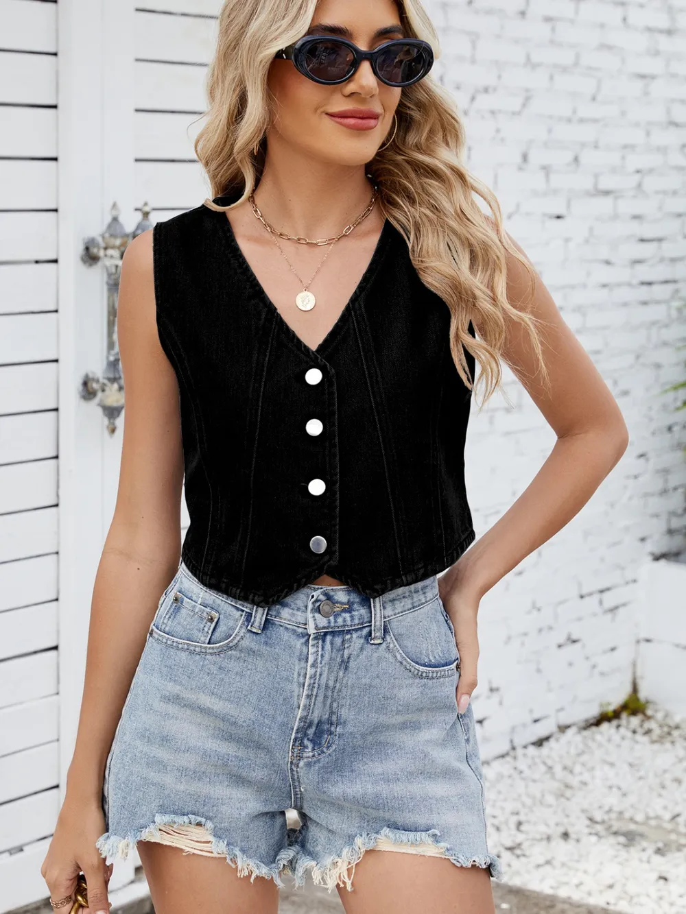 V-Neck Button Down Denim Vest, image 3