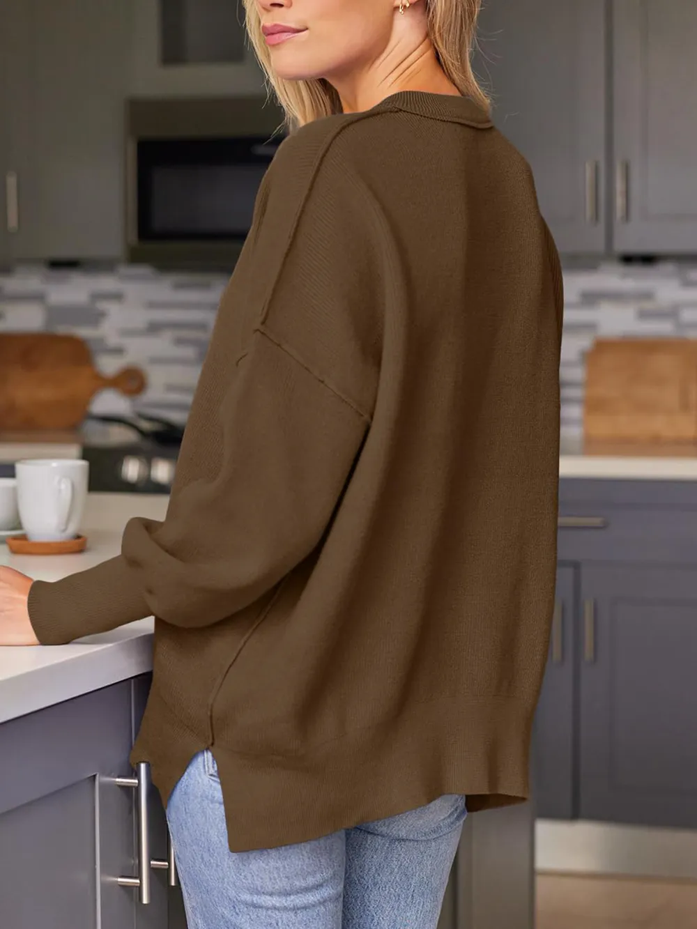 Slit Round Neck Dropped Shoulder Sweater, image 24
