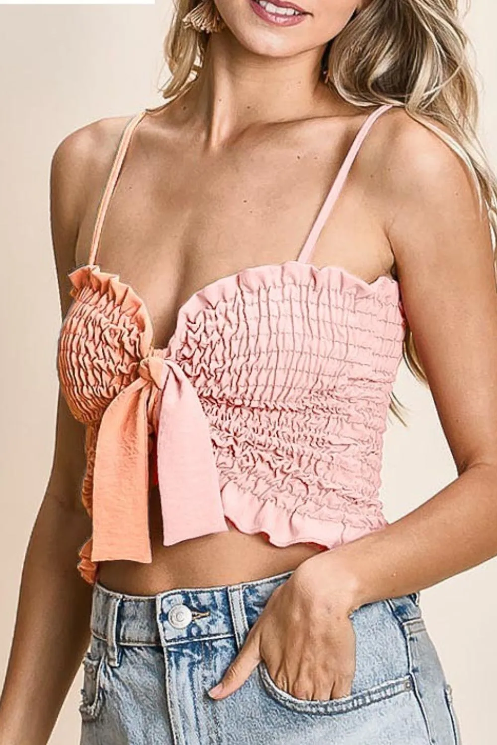 Woven Color Block Smocked with Ribbon Bra Top