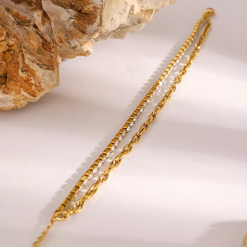18K Gold-Plated Rhinestone Double Layered Bracelet, image 5