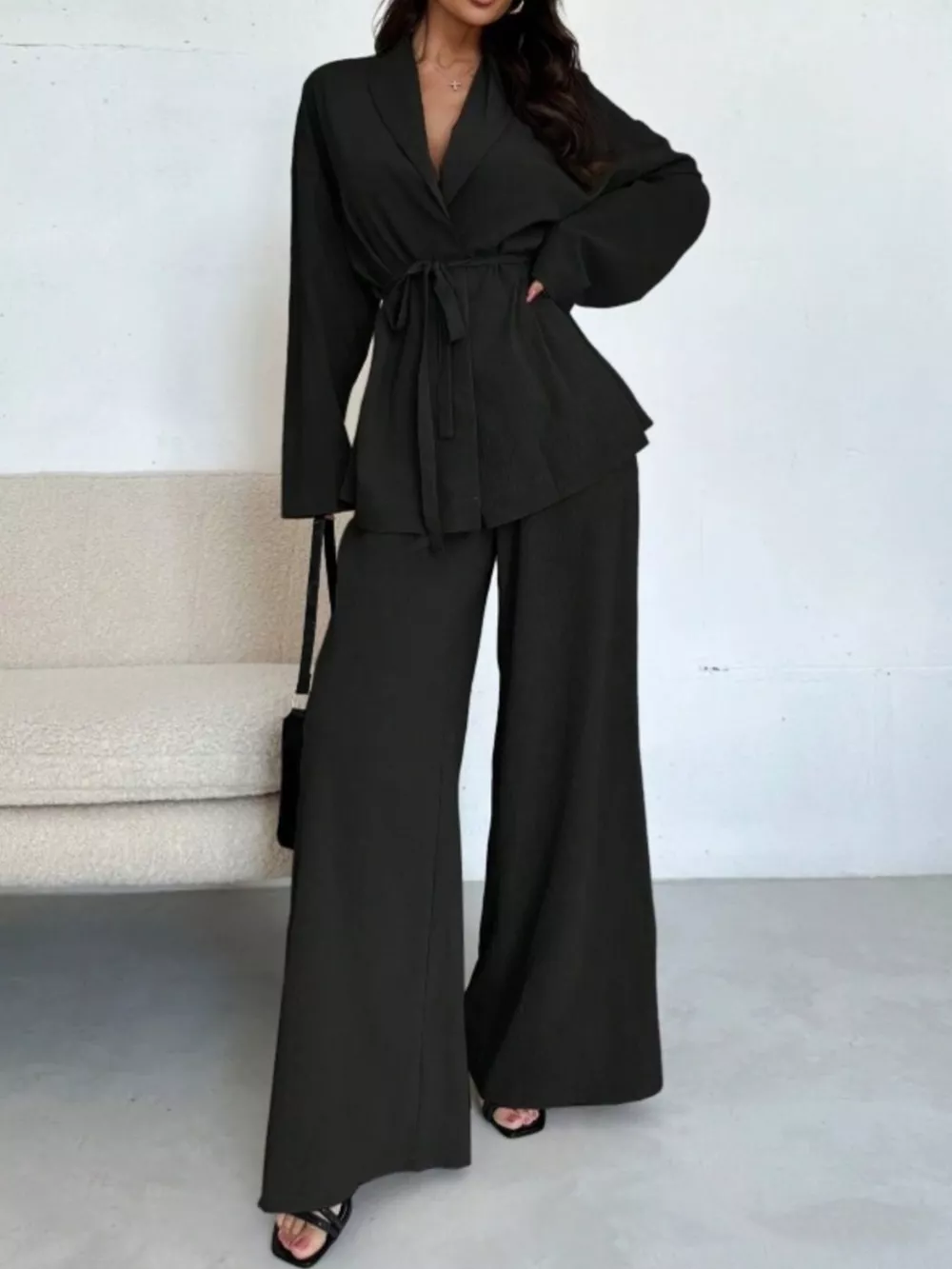 Textured Tie Waist Top and Wide-Leg Pants Set, image 8