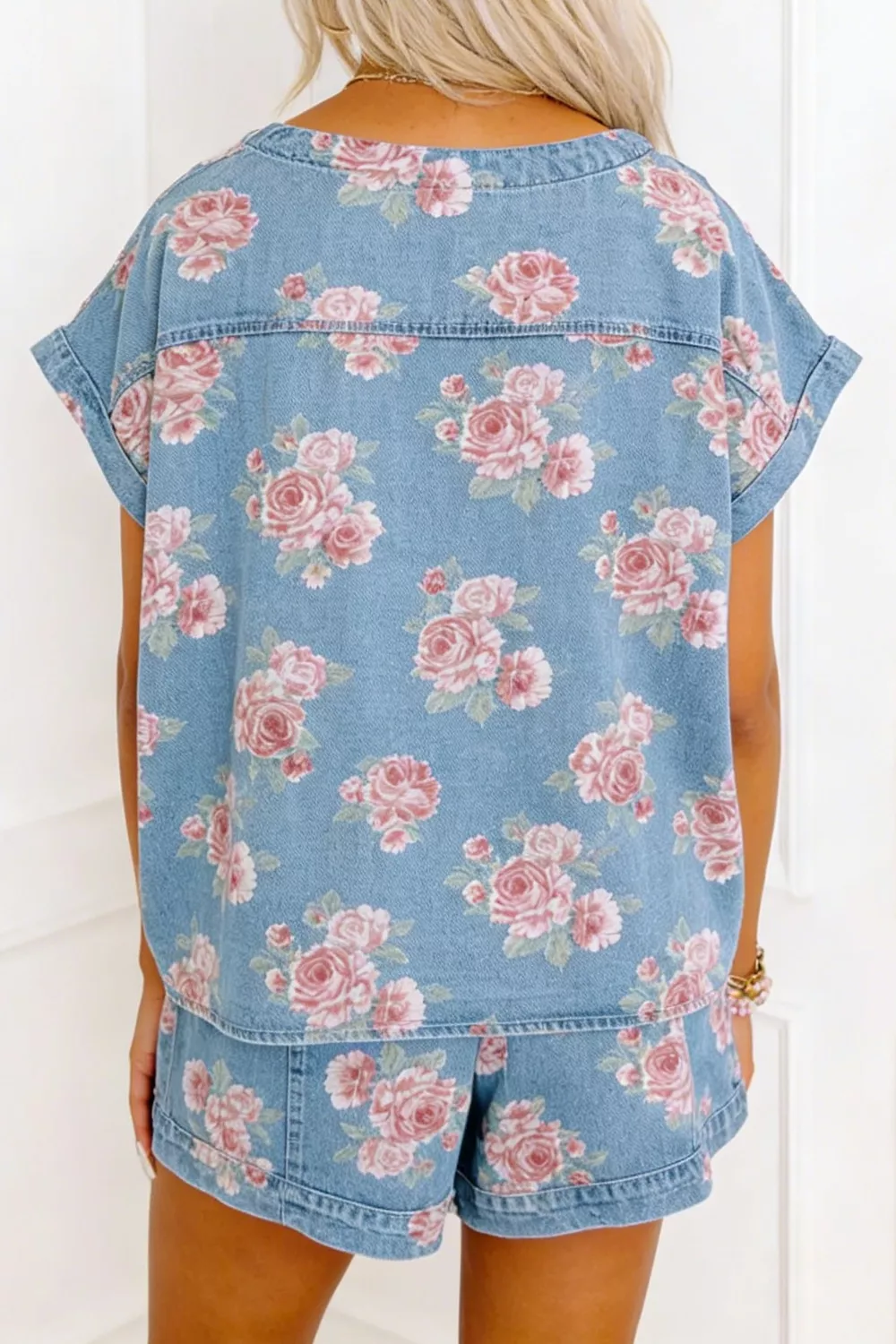 Floral Print Top and Shorts Denim Set, image 2