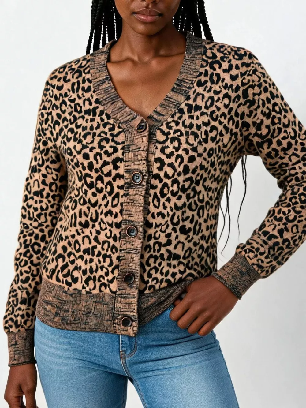 Leopard V-Neck Button-Down Cardigan, image 3
